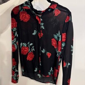 Reformation Black Sheer Long-Sleeve Top with Red Rose Print